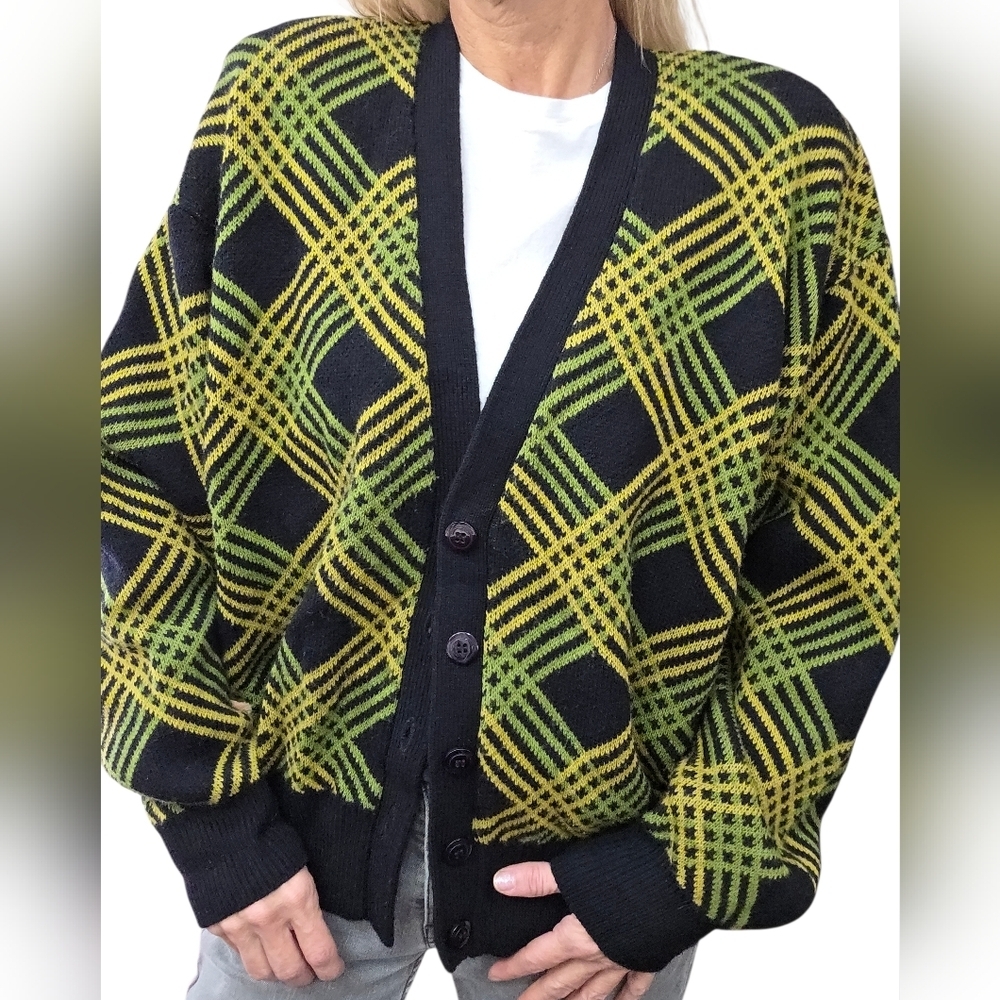 Vintage 90s Jones New York Plaid Lambswool Cardigan L